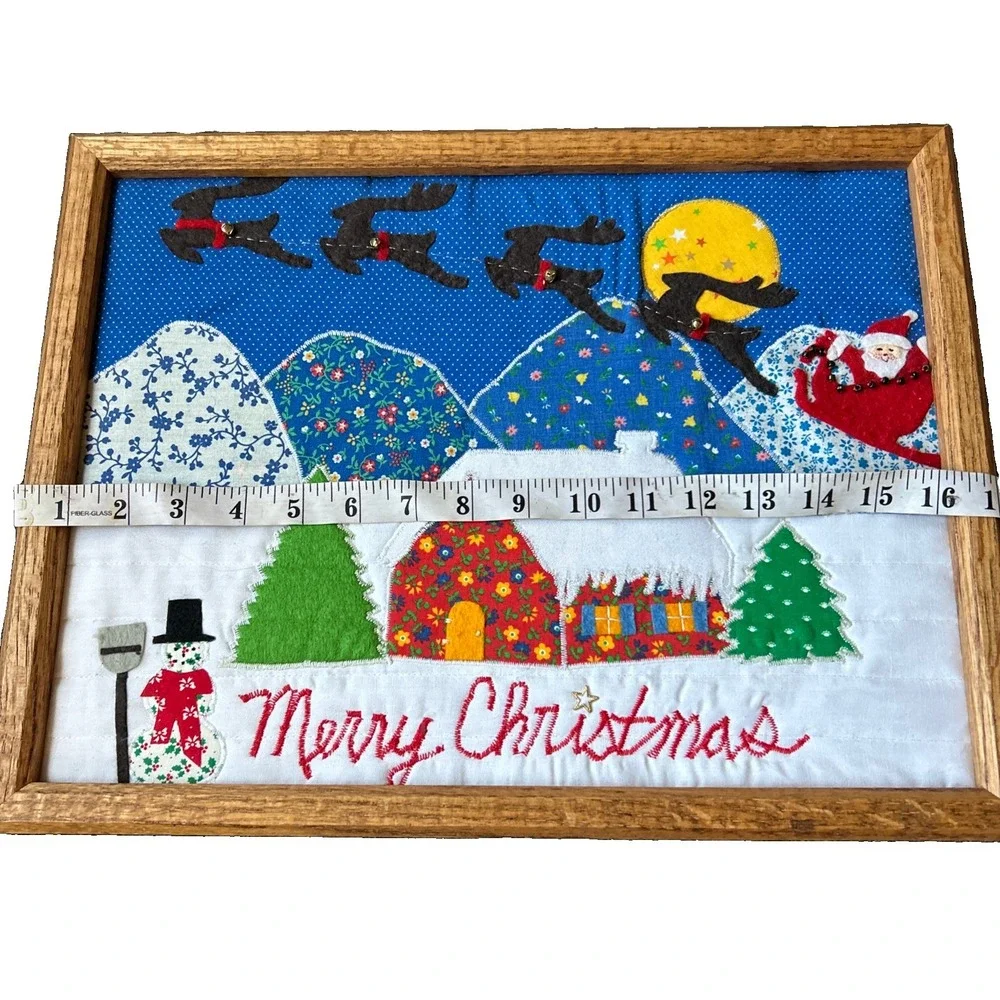 80s Handmade Quilted Merry Christmas Holiday Wall Art Wood Framed Appliqué Decor